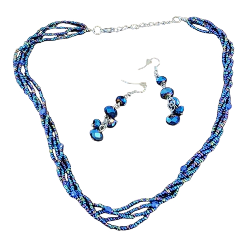 Retro Oil Slick Beaded Choker Peacock Necklace W/ Matching Earring
